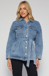 SOGNA COL Button Up Denim Jacket with Belt and Pocket Details  SDM140B
